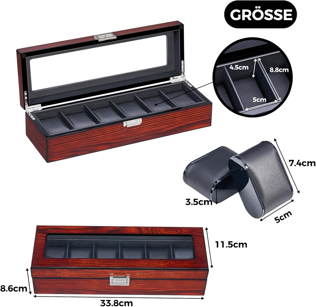 BEWISHOME Uhrenbox aus Holz für Herren – Luxus-Uhrengehäuse, Echtglas-Oberseite, glattes Kunstleder