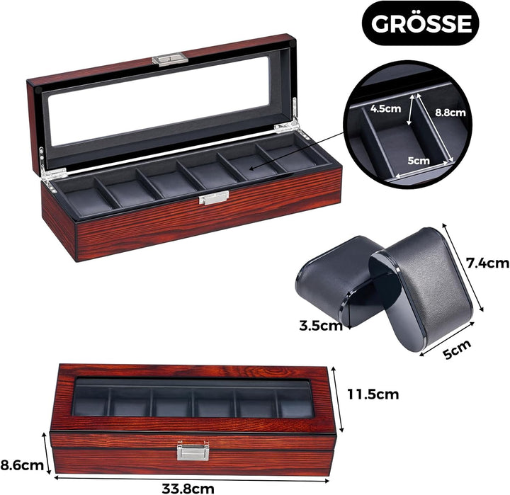 BEWISHOME Uhrenbox aus Holz für Herren – Luxus-Uhrengehäuse, Echtglas-Oberseite, glattes Kunstleder