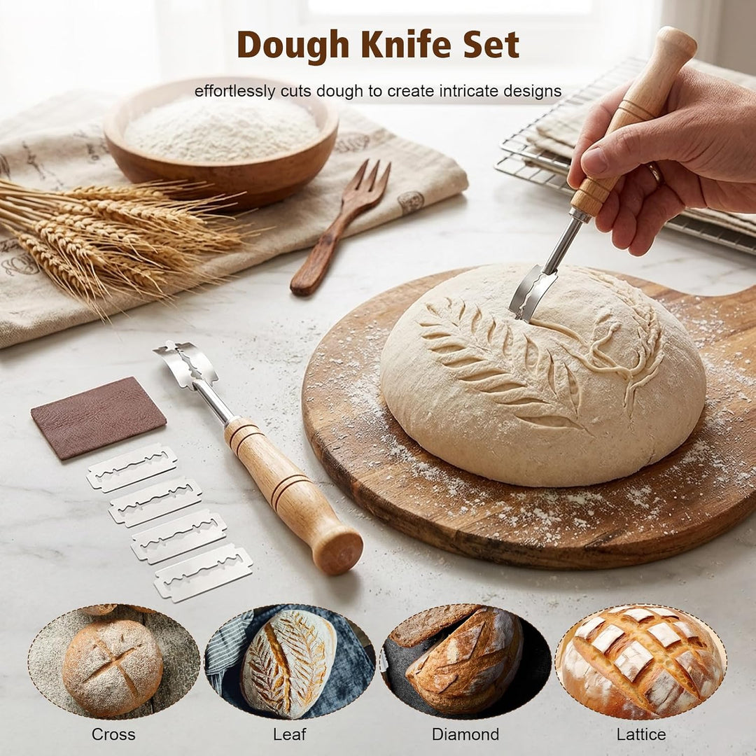 Sauerteig Starter Set Komplett Gärkörbchen Rund &amp; Oval aus Rattan | Teigbesen &amp; Schaber, Starterglas