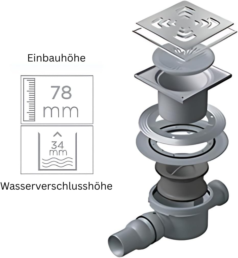 Confluo Bodenablauf 15x15 cm – wählbare Abdeckungen u. Ablaufgarnitur (Horizontal/Waagerecht DN 50 m