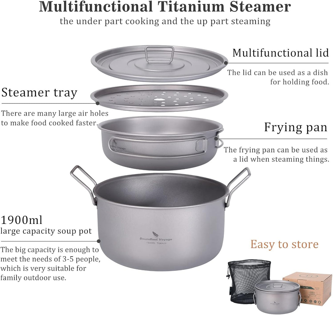iBasingo 1.9L Titan Topf & 900ml Pfannen mit Deckel Camping Kochgeschirr Dampfgarer Leichtes Tragbar