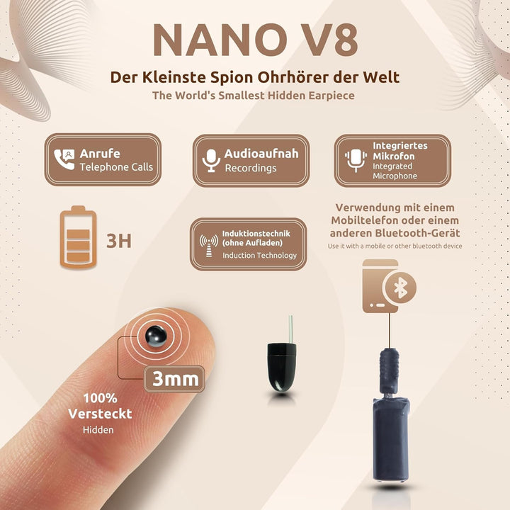 PingaOculto Spion Kopfhörer Bluetooth für Prüfung Mini Nano Unsichtbare Kopfhörer mit Mikrofon und H
