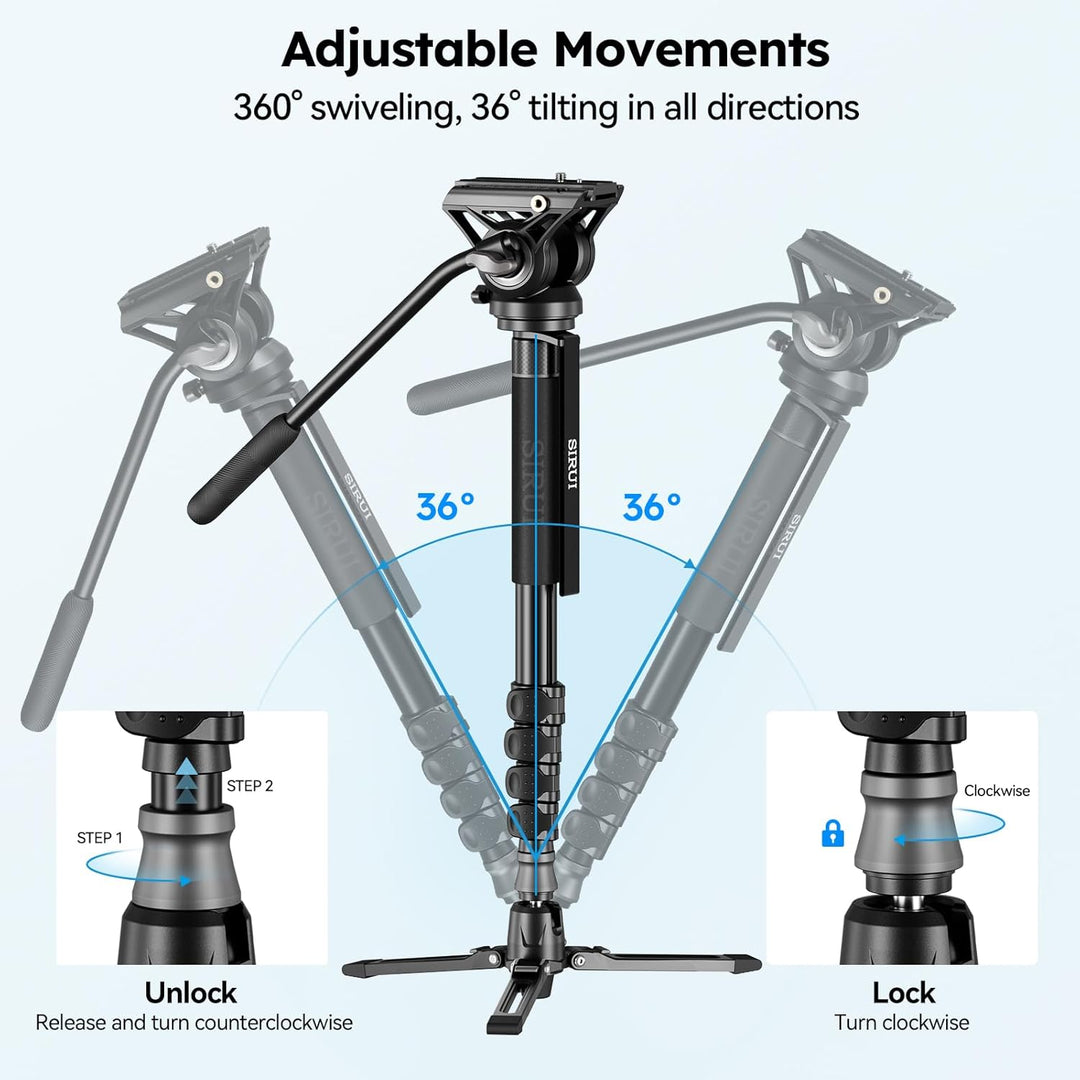 SIRUI AM-MDP02 Video Monopod mit Fluidkopf | 188cm Aluminium Einbeinstativ für DSLR & spiegellose Ka
