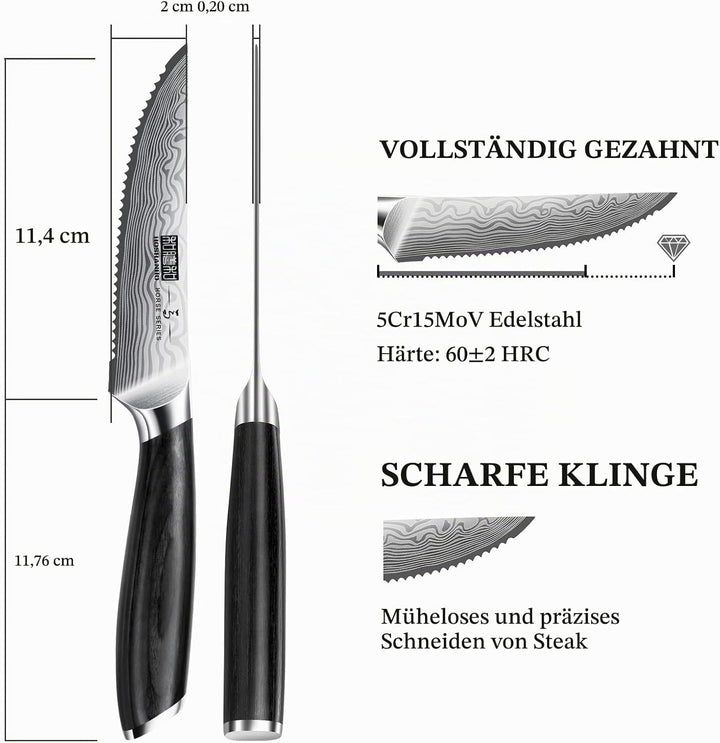 HOSHANHO 6-Teilig Steakmesser-Set, 11,5 cm Steakmesser Set mit Japanischer Wellenschliffklinge, Ultr
