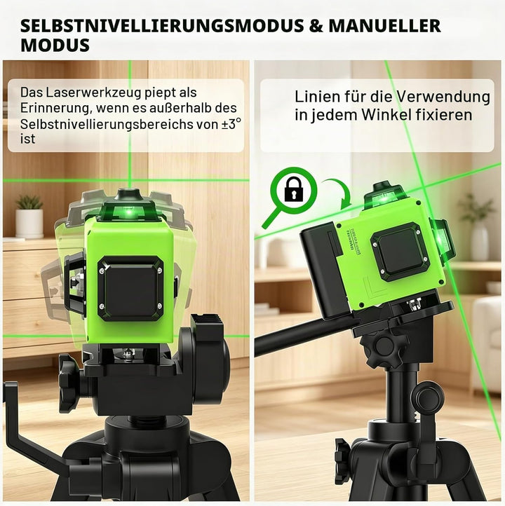 4D Kreuzlinienlaser Grün 360° Selbstnivellierend – 16 Linien Baulaser Set mit Einstellbarer Helligke