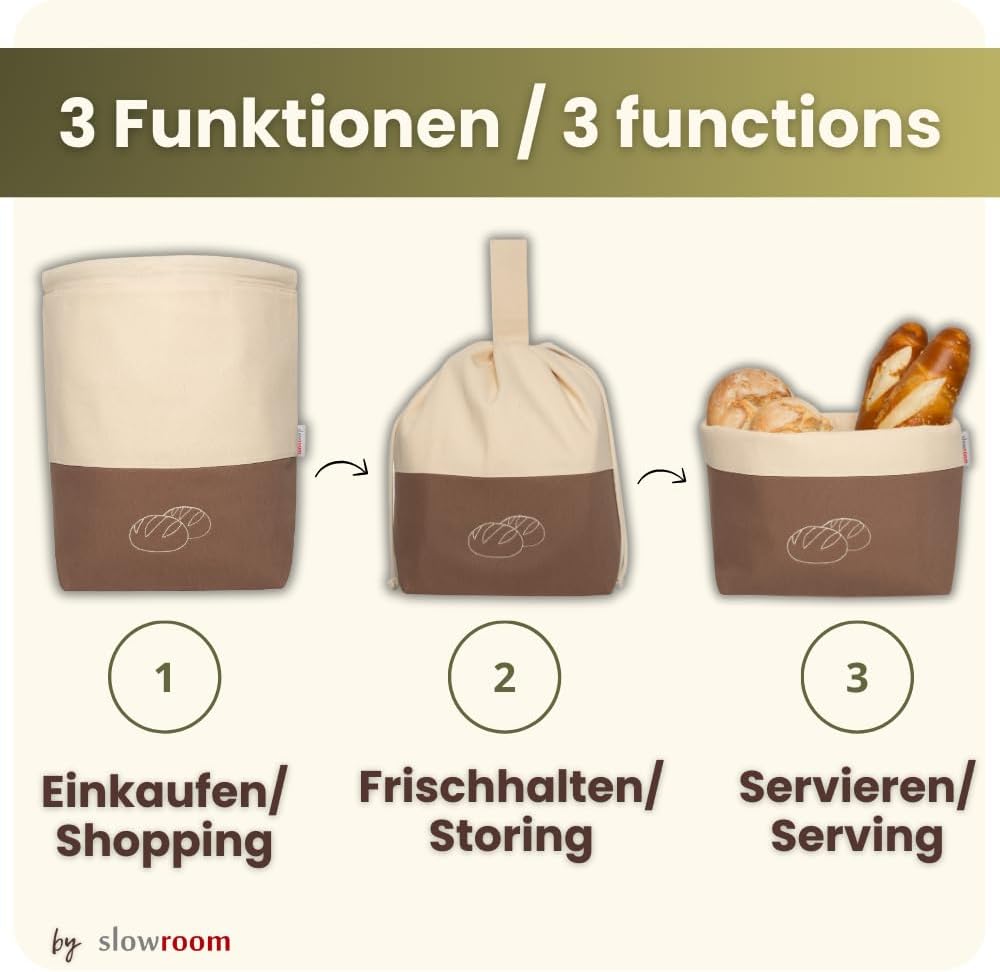 slowroom Brotbeutel zur Brotaufbewahrung und Frischhalten 3 in 1 - Brotkorb Stoff - Brottasche aus B