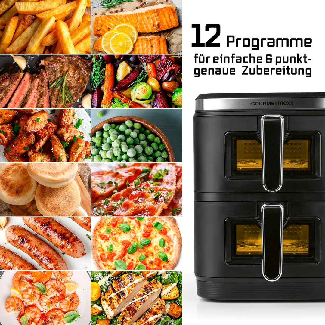GOURMETmaxx FryUp Vertikale Doppelkammer Heissluftfritteuse XXL | Airfryer mit Sichtfenstern & Klapp