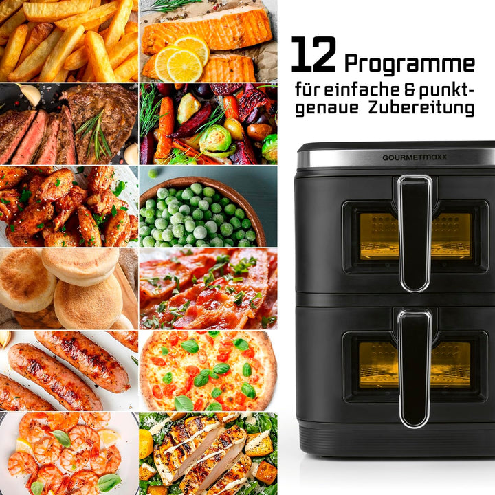 GOURMETmaxx FryUp Vertikale Doppelkammer Heissluftfritteuse XXL | Airfryer mit Sichtfenstern & Klapp