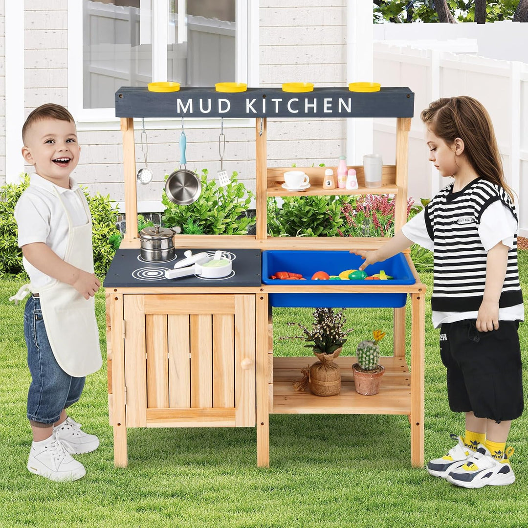 COSTWAY Matschküche Kinder Outdoor, Spielküche mit abnehmbarem Waschbecken & Zubehör, Holz Kinderküc