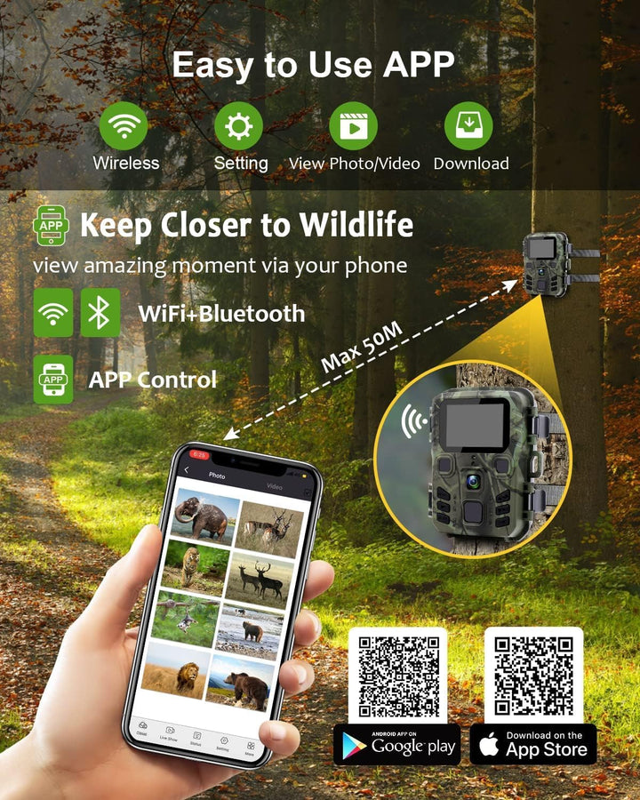 Wildkamera WLAN mit Handyübertragung App 24MP/1296P, WiFi Bluetooth Wildtierkamera mit Nachtsicht Be