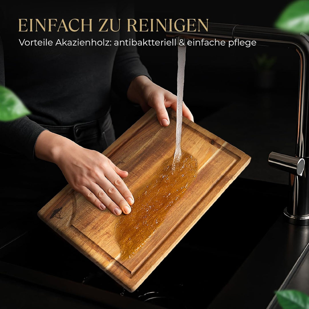 REVONTIS Schneidebrett Set aus Akazienholz – 3 Grössen (40×30, 33×24, 26×18 cm) mit Halter & Saftril