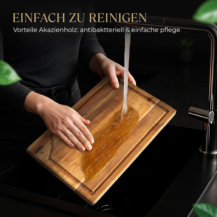 REVONTIS Schneidebrett Set aus Akazienholz – 3 Grössen (40×30, 33×24, 26×18 cm) mit Halter & Saftril