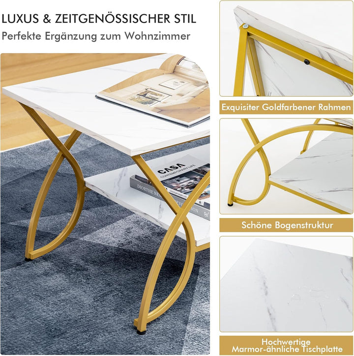 COSTWAY Couchtisch Marmor Optik, Kaffeetisch mit Ablage und Metallgestell, Wohnzimmertisch, Beistell