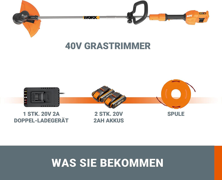 WORX WG183E Rasentrimmer 40 V (2 x 20 V) - Doppelfaden & Doppelleistung - Schnittdurchmesser 33 cm -