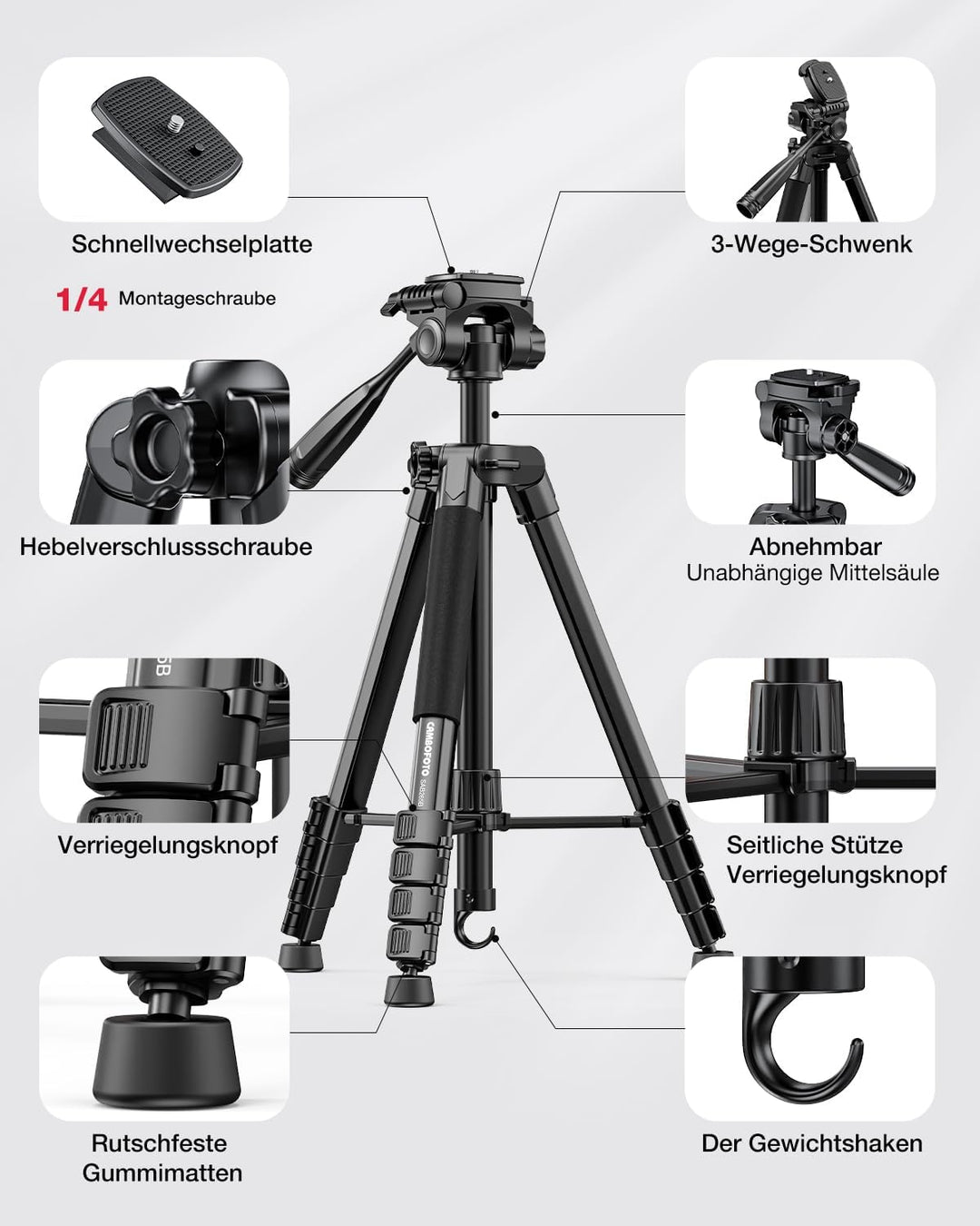 CAMBOFOTO 186cm Kamera Stativ und Einbeinstativ, Professionelles Aluminium Fotostativ für DSLR/Spieg