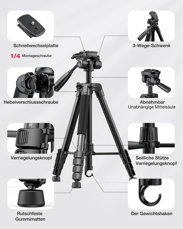 CAMBOFOTO 186cm Kamera Stativ und Einbeinstativ, Professionelles Aluminium Fotostativ für DSLR/Spieg