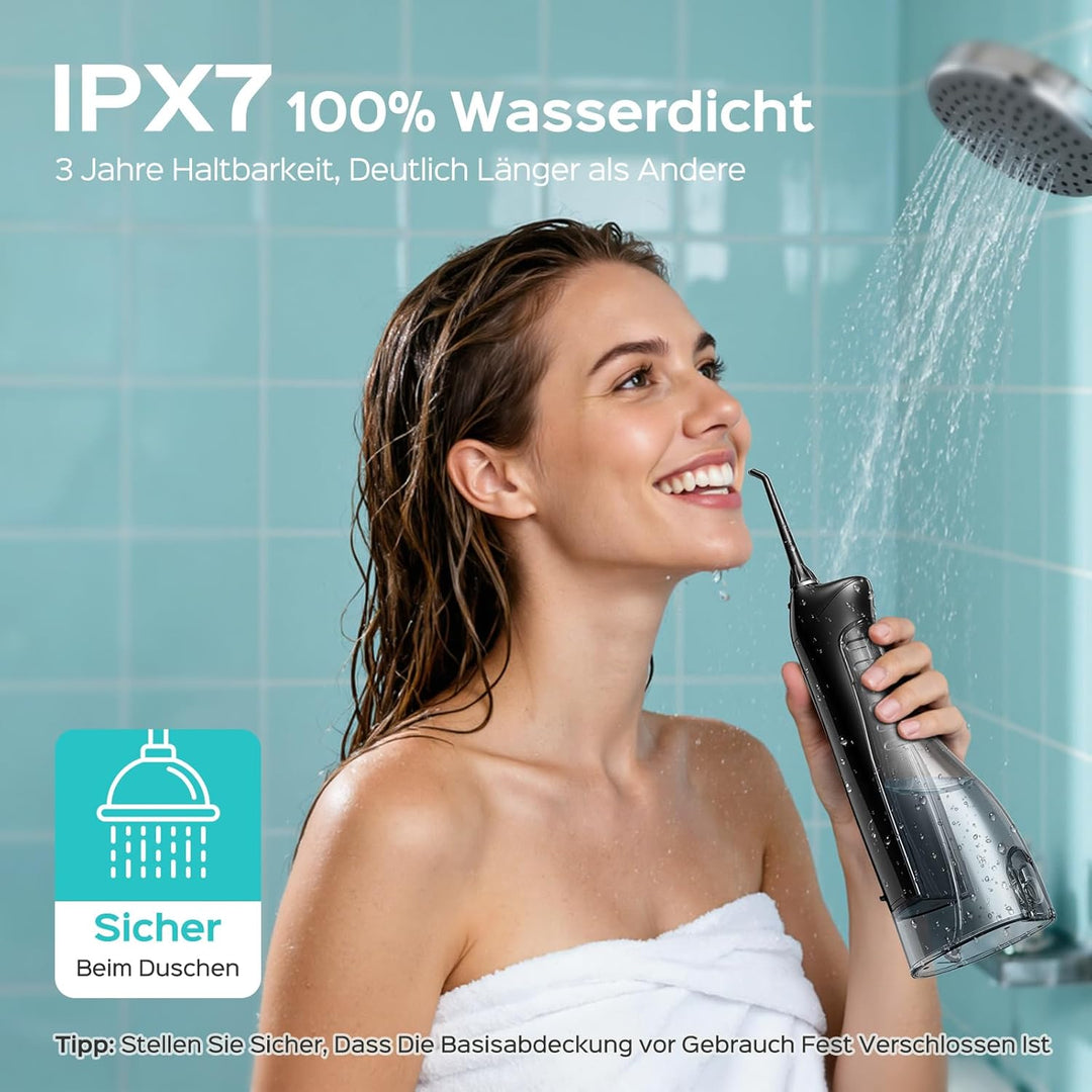 COSLUS Munddusche Kabellos Tragbar Elektrische Zahnreiniger, 300ML Wassertank Wiederaufladbar Zahndu