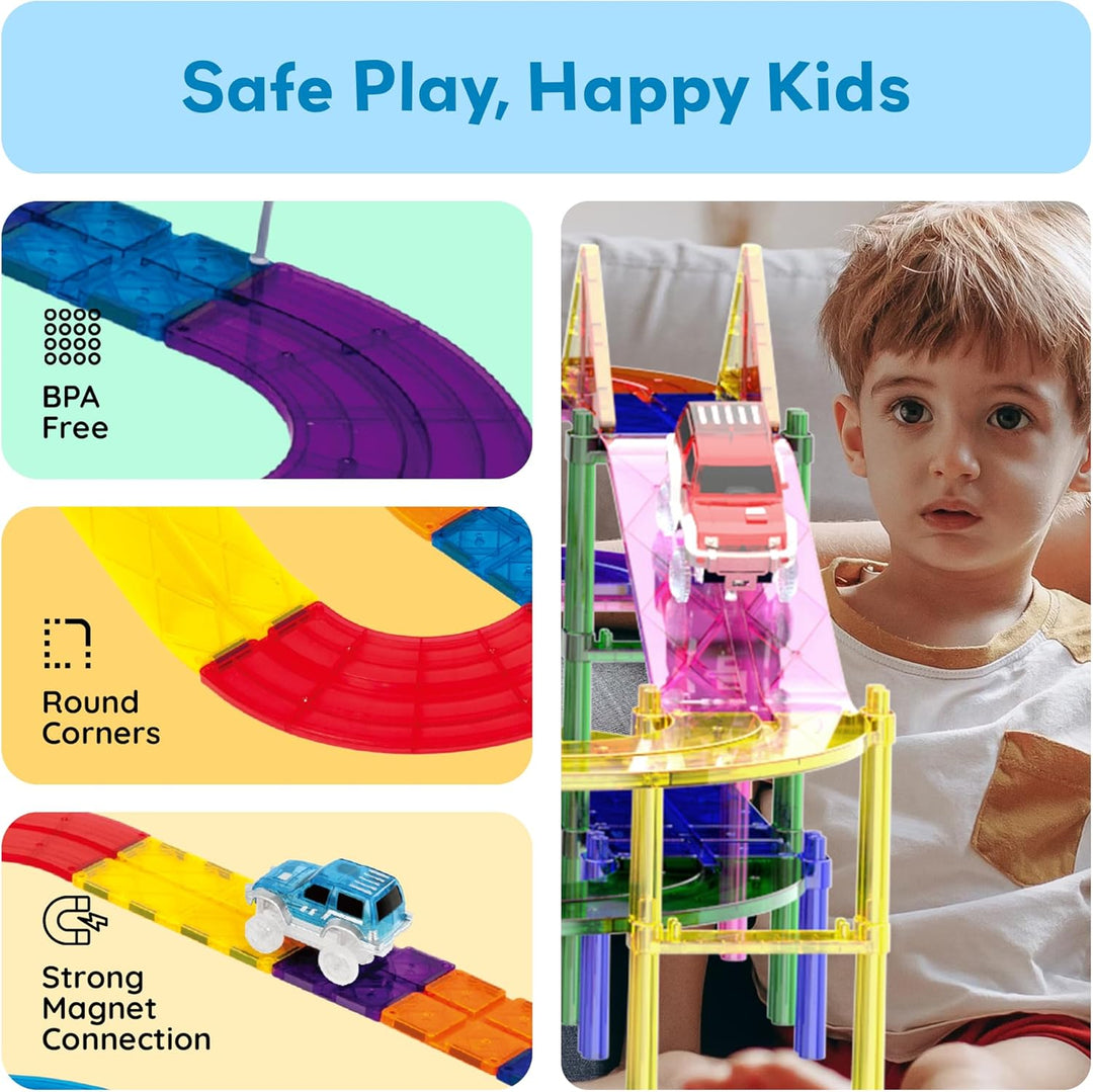 PicassoTiles 100 PCs Race Car Track Set Magnetic Toy Building Block with 2 LED Cars with Height Adju