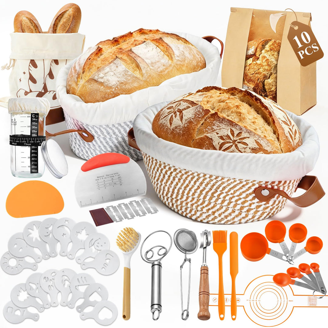 Gärkörbchen Sauerteig Starter Set, 2 Gärkorb (25cm Ovale & 23cm Runde), Brotbackset mit Sauerteig-Gl