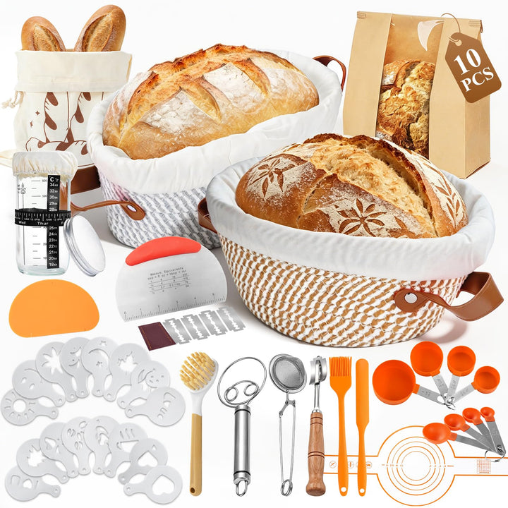 Gärkörbchen Sauerteig Starter Set, 2 Gärkorb (25cm Ovale & 23cm Runde), Brotbackset mit Sauerteig-Gl