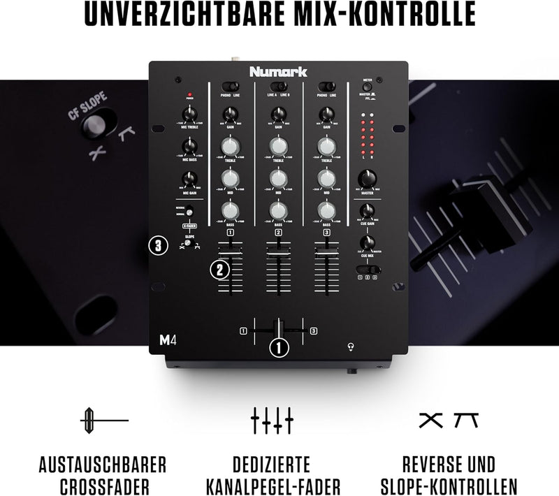 Numark M4 - 3-Kanal Scratch DJ Mixer, Rack-montierbar mit 3-Band EQ, Mikrofoneingang und austauschba