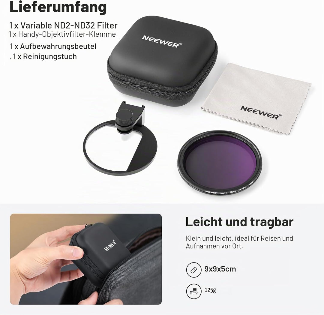 Neewer 67 mm Variables ND2-ND32 Handy-Objektivfilter-Set, Handy-Clip mit Gewindeadapterring/Kaltschu