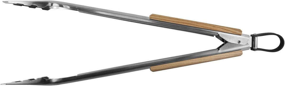 Grillzange 46cm Edelstahl mit edlen Zedernholzgriffen, Leder Schlaufe zum Aufhängen, praktisches Ver