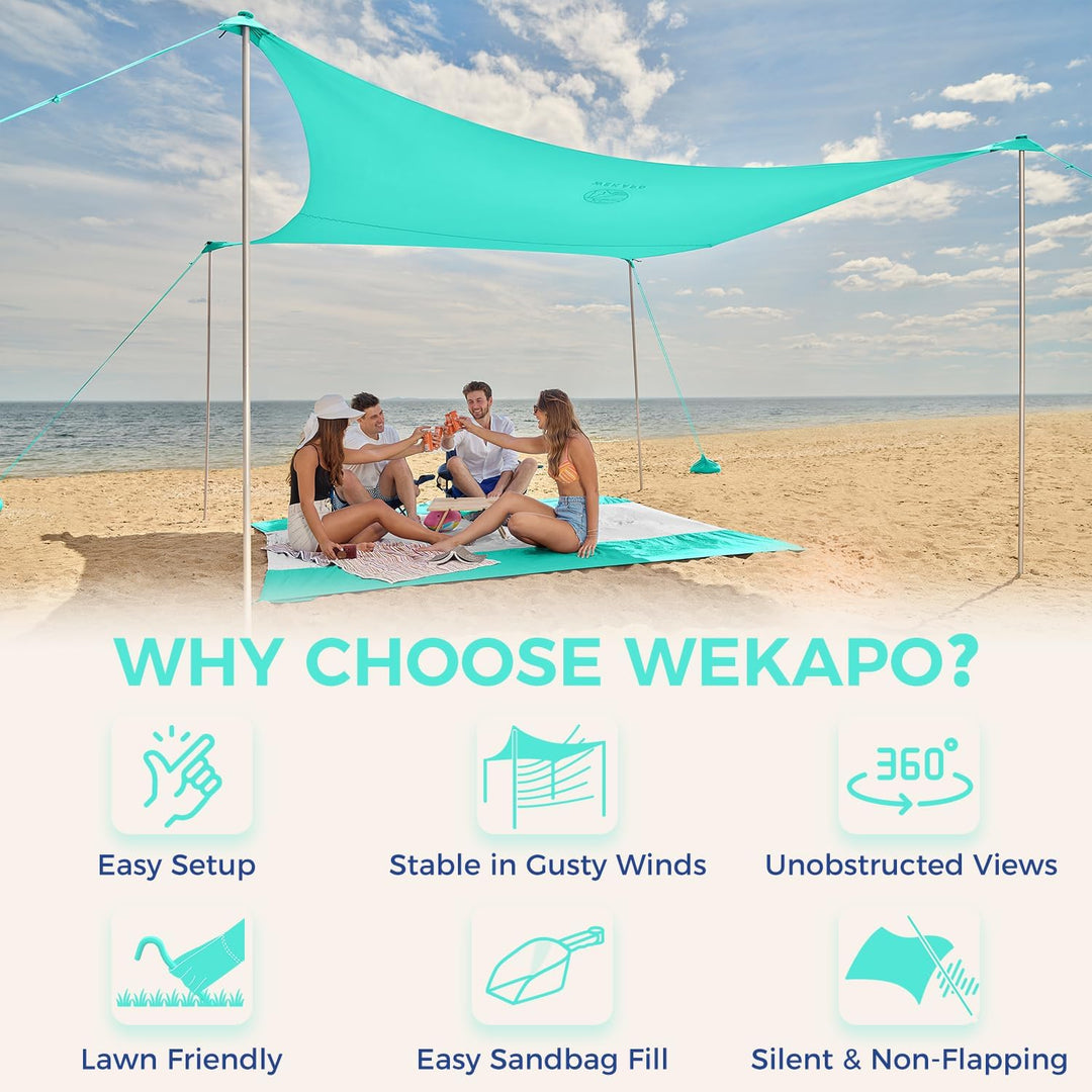 WEKAPO Strandzelt-Sonnenschutz, 2,3 x 2,4 m, Strandüberdachung mit verlängerten 4 Stangen, 1,8 m hoc