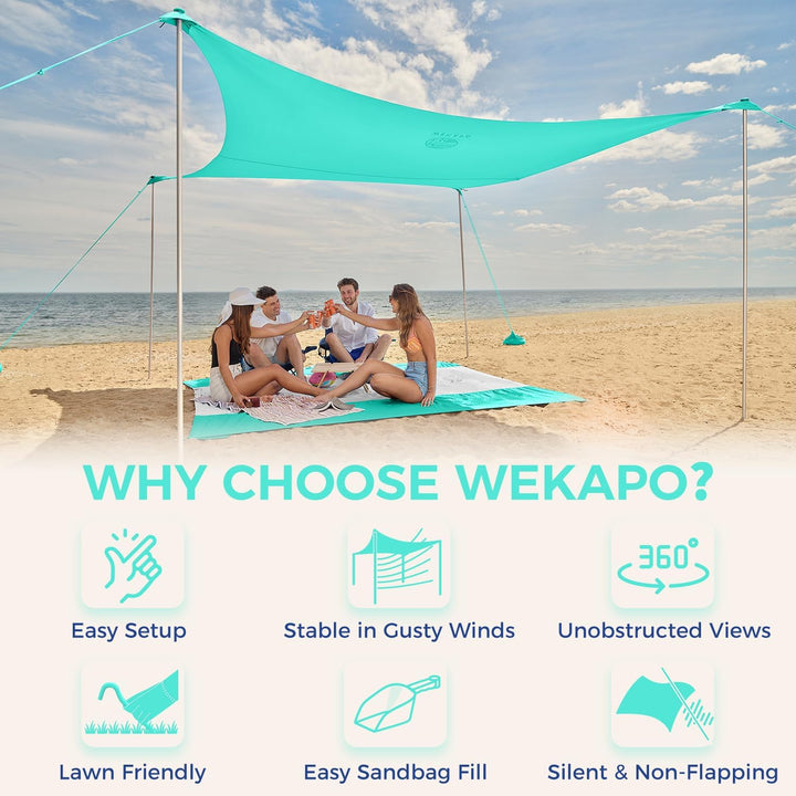 WEKAPO Strandzelt-Sonnenschutz, 2,3 x 2,4 m, Strandüberdachung mit verlängerten 4 Stangen, 1,8 m hoc