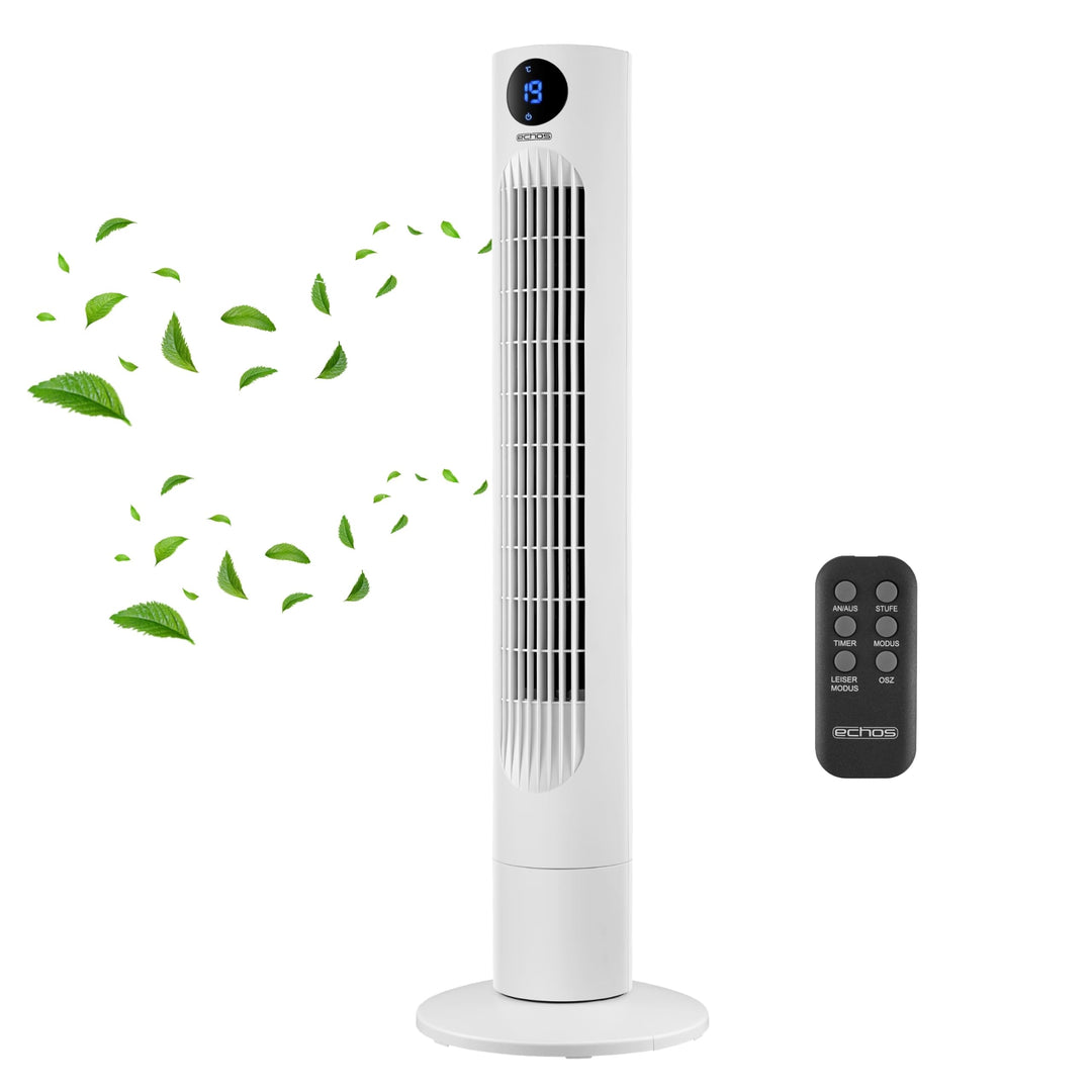 Echos Turmventilator | Ventilator sehr leise | Fernbedienung | Oszillierend | LED-Display | 3 Stufen