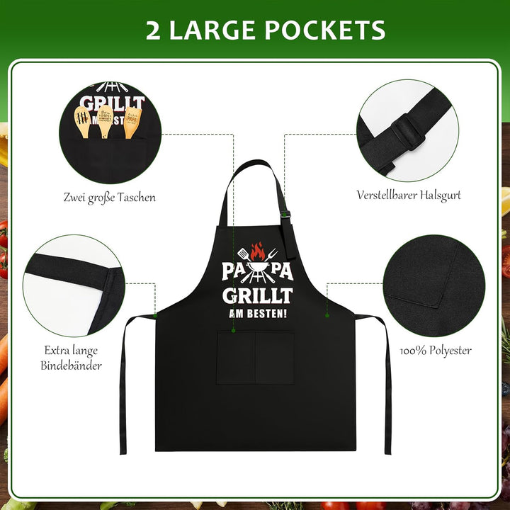 Papa Geschenk Set - Graviertes Bambus Schneidebrett Mit Personalisiertes Schürze und 3 Holzlöffel, B