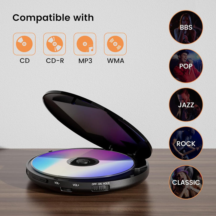 Hernido Tragbarer CD-Player mit Kopfhörer, CD-Player mit wiederaufladbarem Akku, Kompakter CD-Walkma