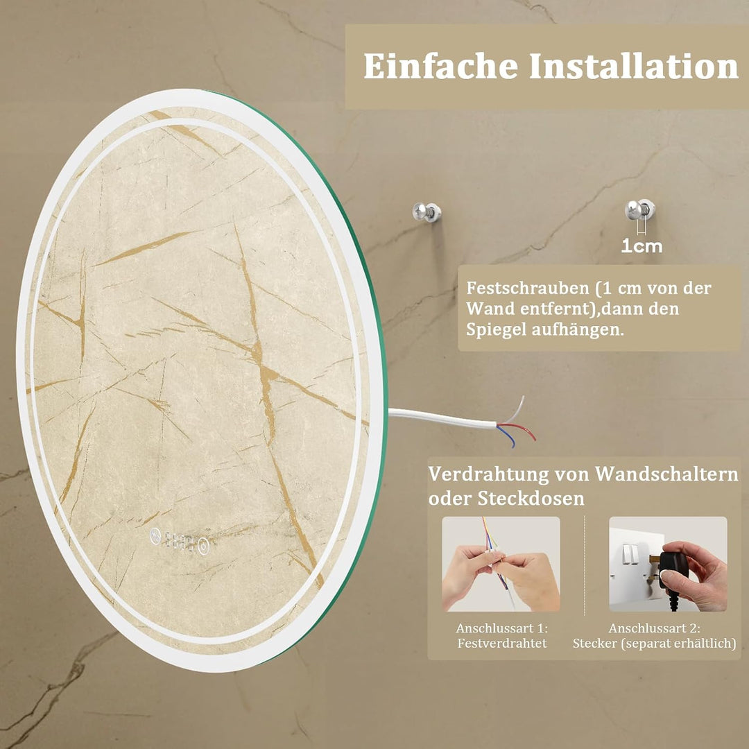 Spiegel Rund mit Beleuchtung 80cm: Badezimmerspiegel Badspiegel mit Uhr, Beschlagfrei, Touch Schalte