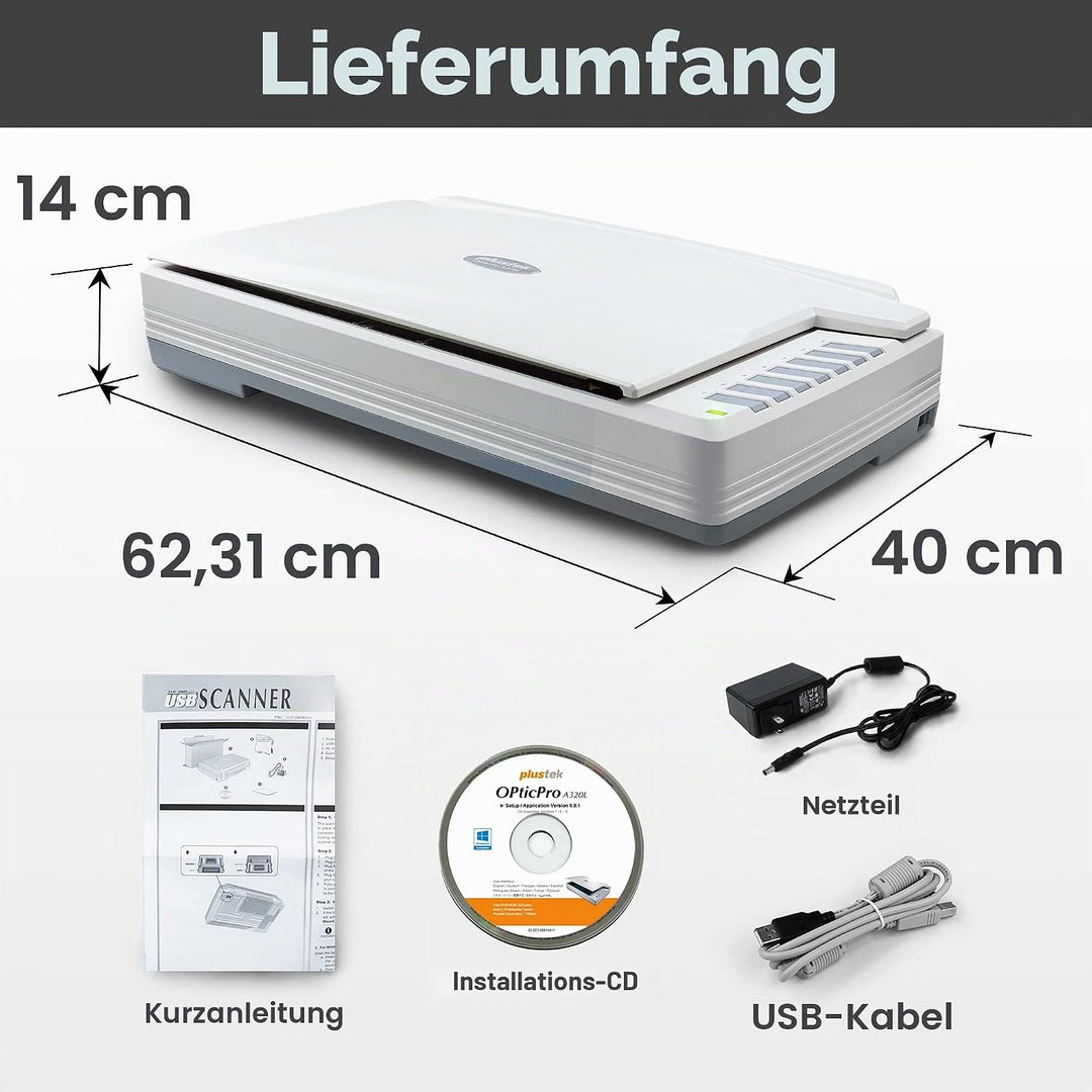 Plustek OpticPro A320E - Flachbettscanner Din-A3 (Auflösung 800 dpi, CCD), Kompatibel mit Wins & Mac