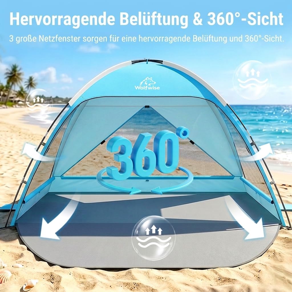 Wolfwise Strandmuschel UV Schutz, 3 Belüftungsfenster & Tragetasche, Strand Zelt mit erweiterbarem B