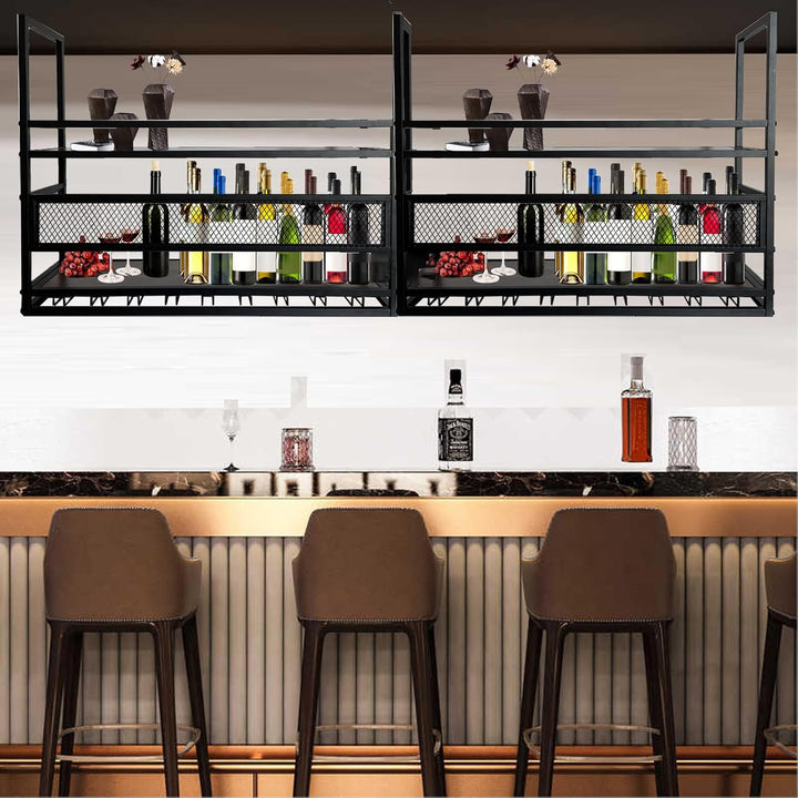 Deckenregal Weinregal, 2-Lagiger Industrieller Hängender Weinflaschenhalter mit Glashalter, Metall-D