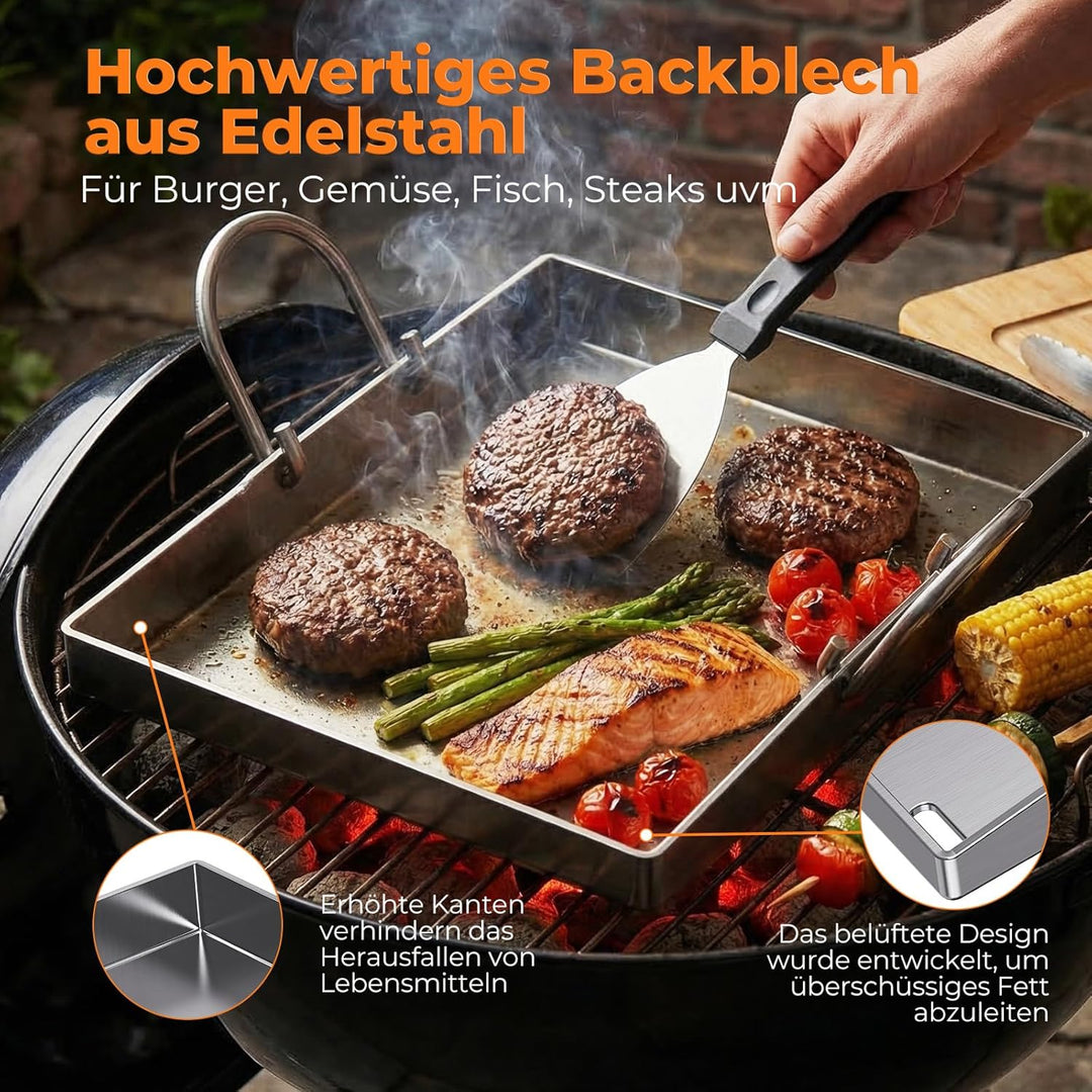 Plancha Grillplatte 40 x 30 cm mit Perforation, 4 mm Edelstahlplatte, hitzebeständig & verformungsfr