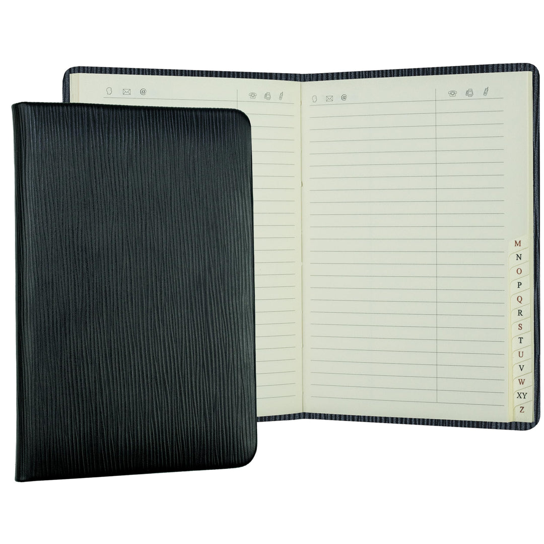 DELMON VARONE - Personalisierbares Adressbuch DIN A6+ gebunden mit A-Z Register Pagila Leder schwarz