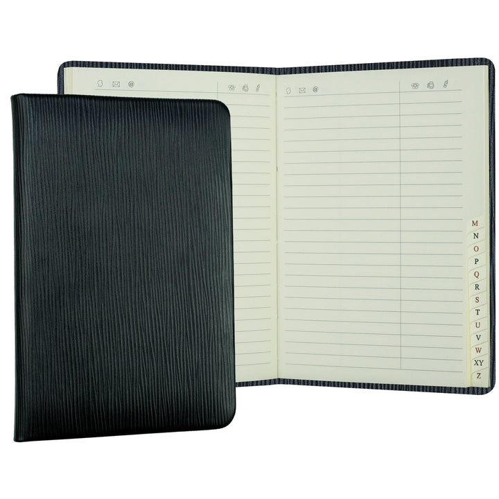 DELMON VARONE - Personalisierbares Adressbuch DIN A6+ gebunden mit A-Z Register Pagila Leder schwarz