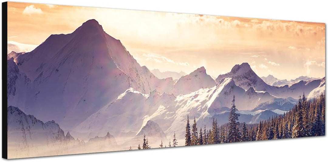 Paul Sinus Art Panoramabild auf Leinwand und Keilrahmen 120x40cm Berge Wald Schnee Wolken Sonnenstra
