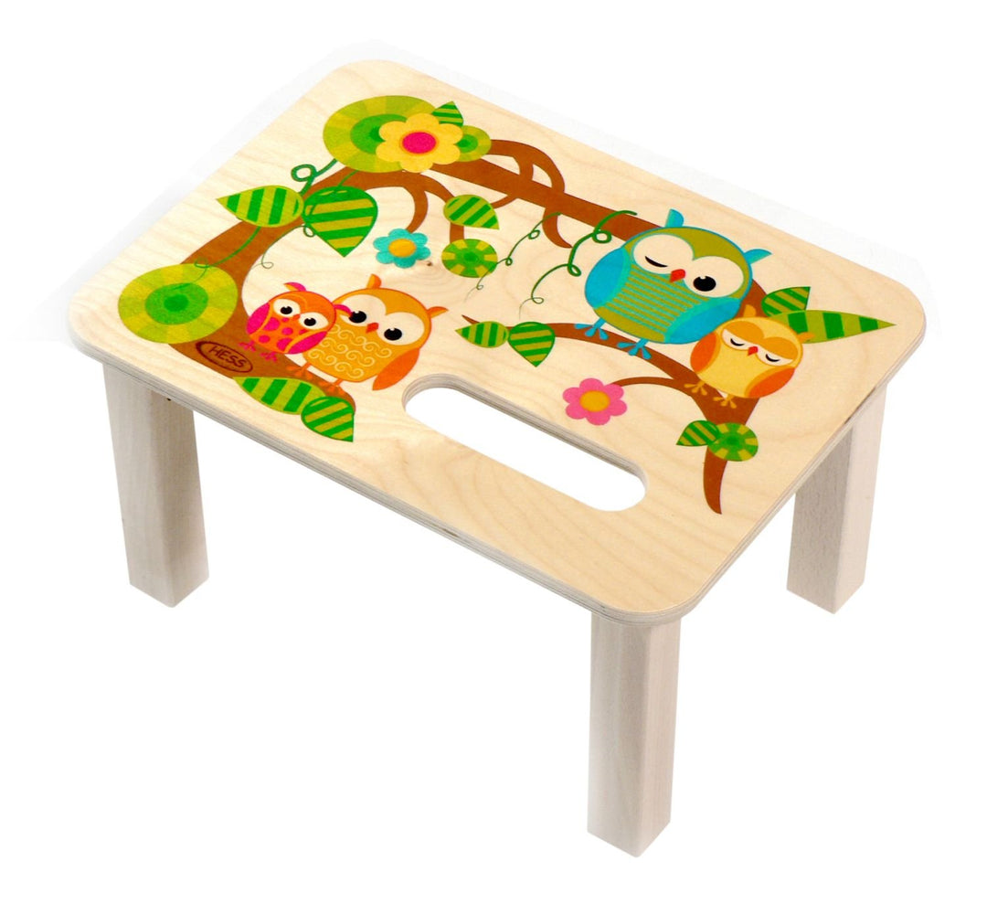 Hess Holzspielzeug 30283 - Fussbank aus Holz für Kinder, Serie Eule, handgefertigt, ca. 33 x 24 x 18