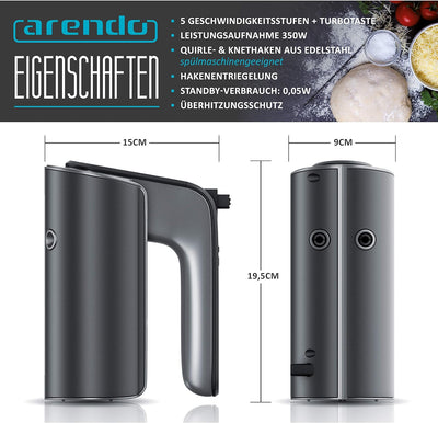 Arendo - Elektrischer Handmixer – Handrührer - Mixer Handrührgerät – Hakenentriegelung – Rührgerät m