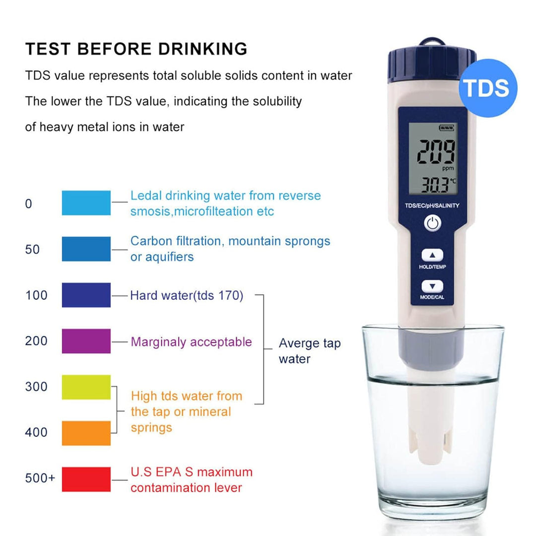 Digitales PH/Salzgehalt/Temperatur/TDS/EC-Meter, IP67 Tragbarer multifunktionaler Wasserqualitätsdet