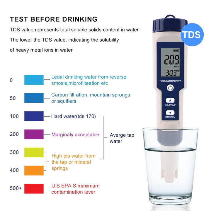 Digitales PH/Salzgehalt/Temperatur/TDS/EC-Meter, IP67 Tragbarer multifunktionaler Wasserqualitätsdet