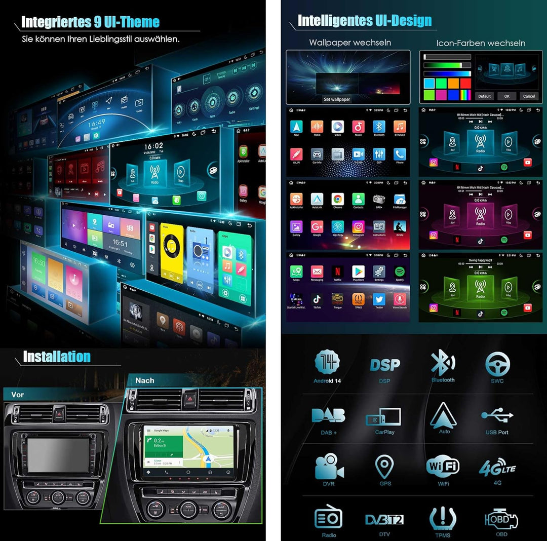 Erisin 9 Zoll Android 12 8-Kern 4GB+ 64GB Autoradio Mit GPS Navi für VW Passat B6 Golf 5/6 Touran Sk