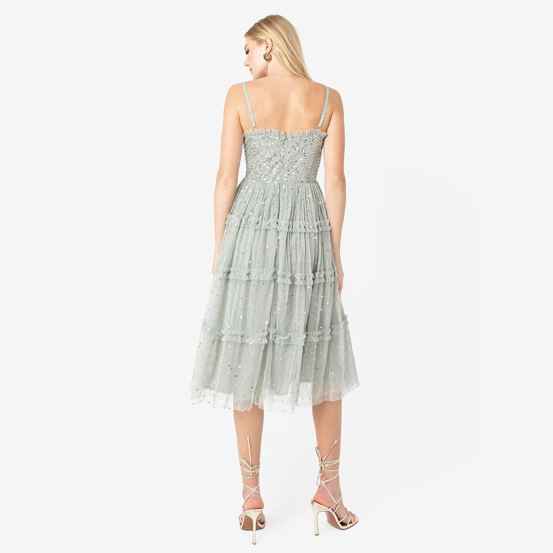 Maya Deluxe Damen Womens Midi Ladies Sequin Embellished Sleeveless Ruffle Dress for Wedding Guest Br