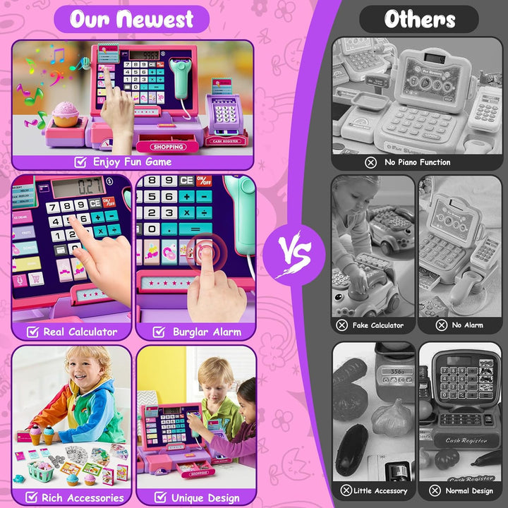 Kinderkasse Registrierkasse Spielzeug Lernspielzeug Set mit Scanner & Musik Funktion (Rosa Lila) Lil