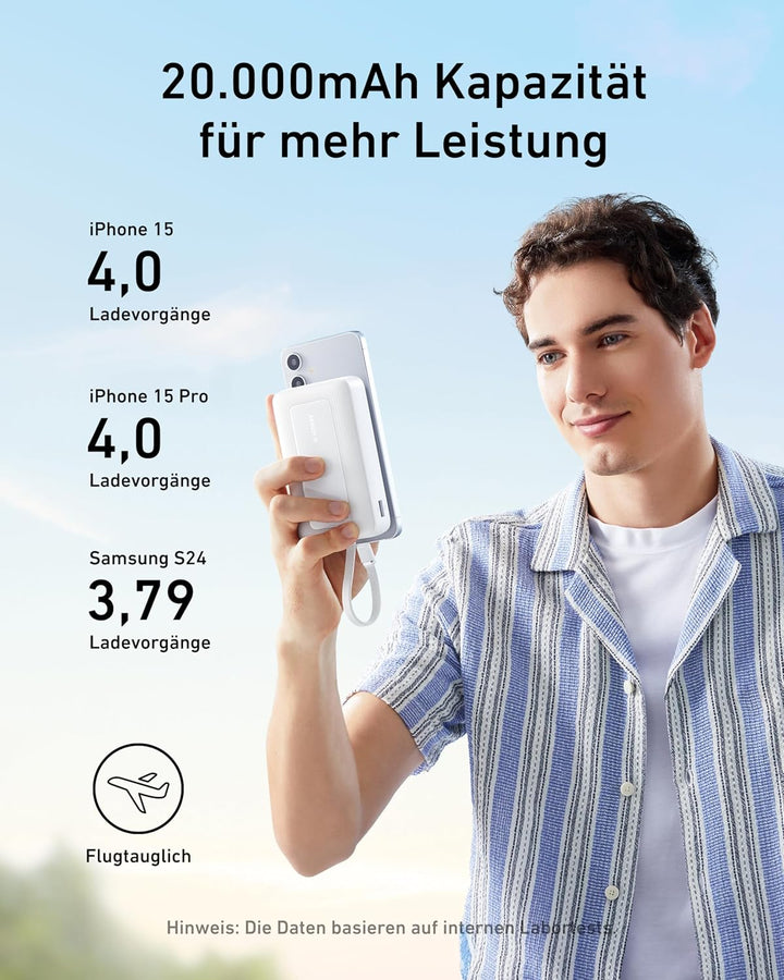 Anker Zolo Powerbank (2025 Upgrade), 20000mAh, 30W High-Speed-Ladegerät mit integriertem USB-C Kabel