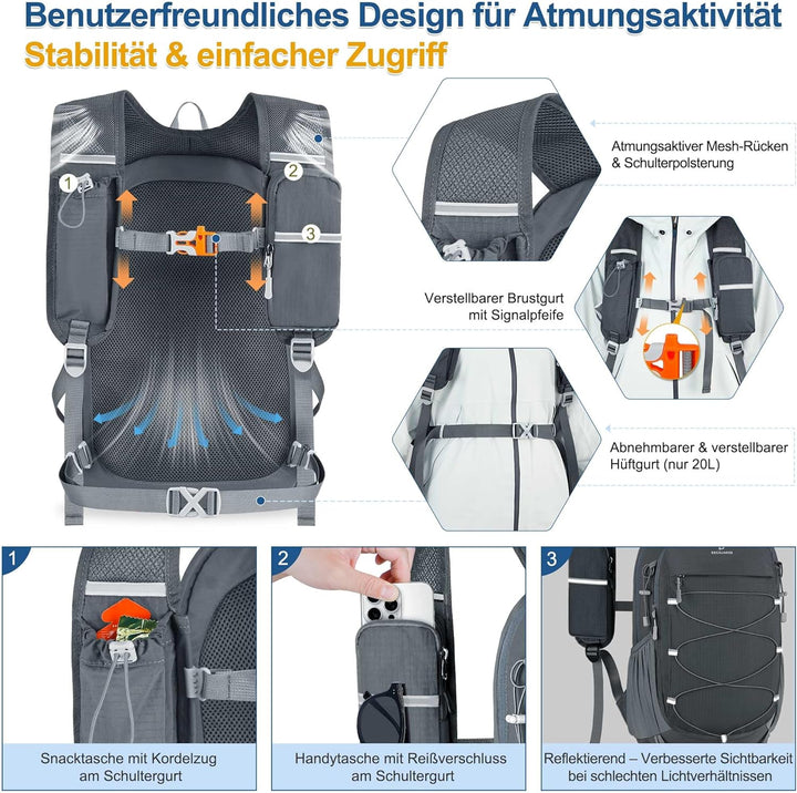 BECOJADDE 20L Kleiner Wanderrucksack Tagesrucksack Herren Damen Leichter Faltbarer Rucksack mit Brus