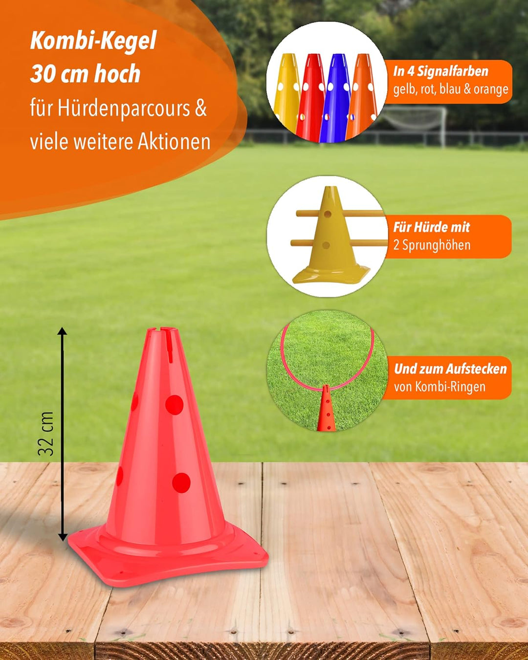 Kombi Kegel 30 – 4er Set – für den Aufbau von Hürden- oder Slalom-Parcours für Agility-Training – Sp